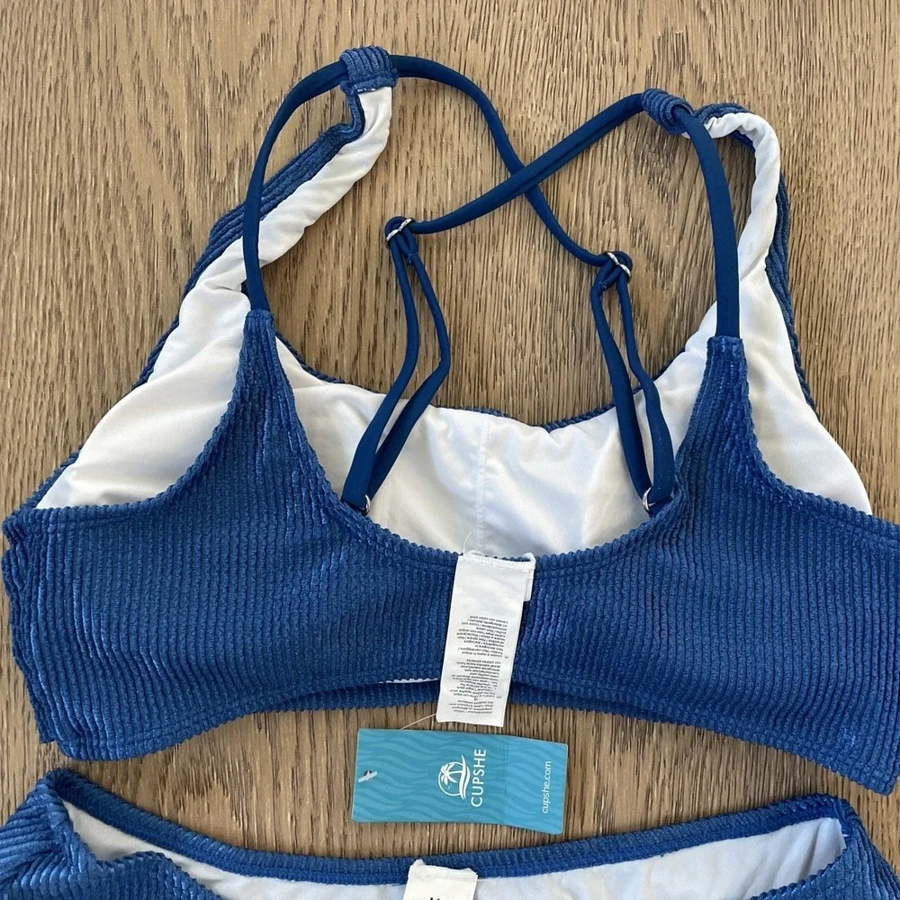 Cupshe Blue Ribbed Shimmer Scoop Neck Bikini Set Two‎ Piece Swimsuit Medium NEW